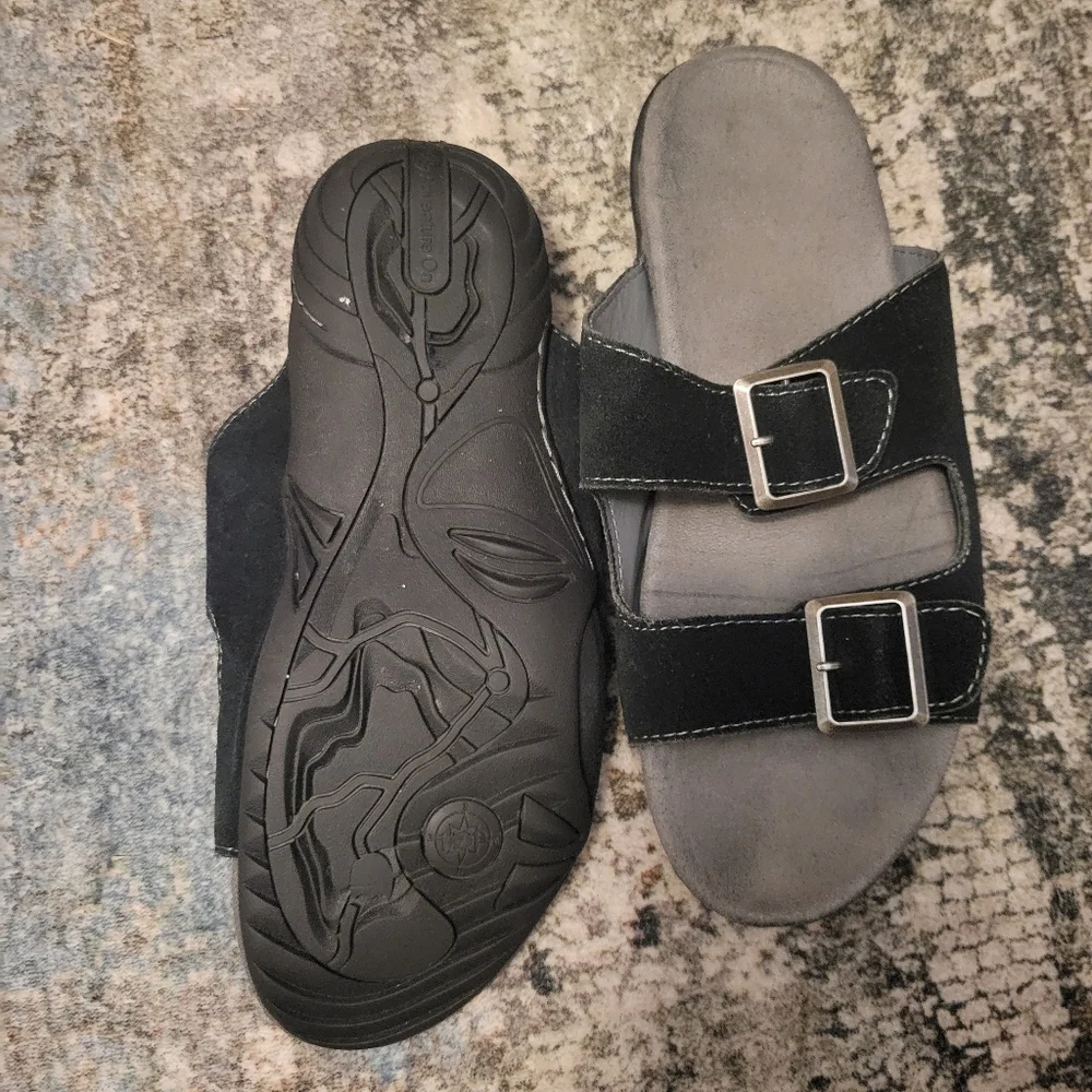 Women's Black Slide Sandals with Buckles, Size 8.5